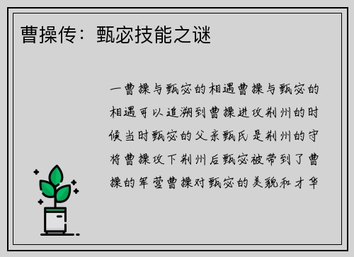 曹操传：甄宓技能之谜