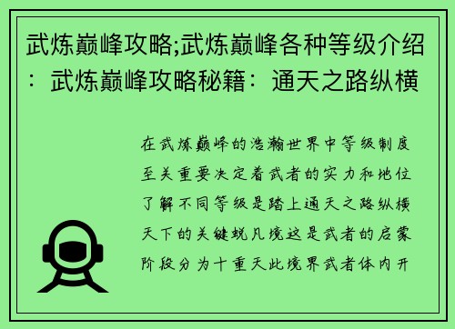 武炼巅峰攻略;武炼巅峰各种等级介绍：武炼巅峰攻略秘籍：通天之路纵横天下